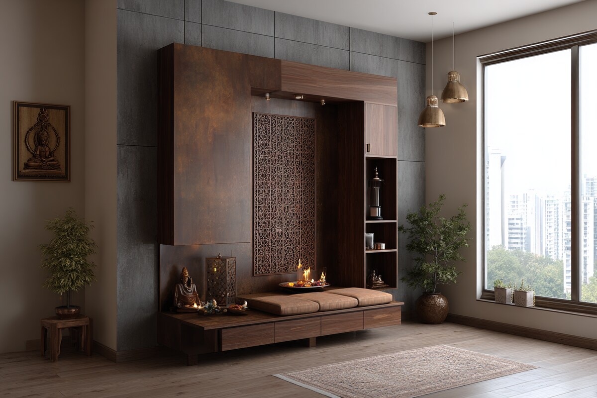 Floor-Mounted Minimal Pooja Unit Design in Walnut Bronze With Storage Floor-Mounted Minimal Pooja Unit Design in Walnut Bronze With Storage
