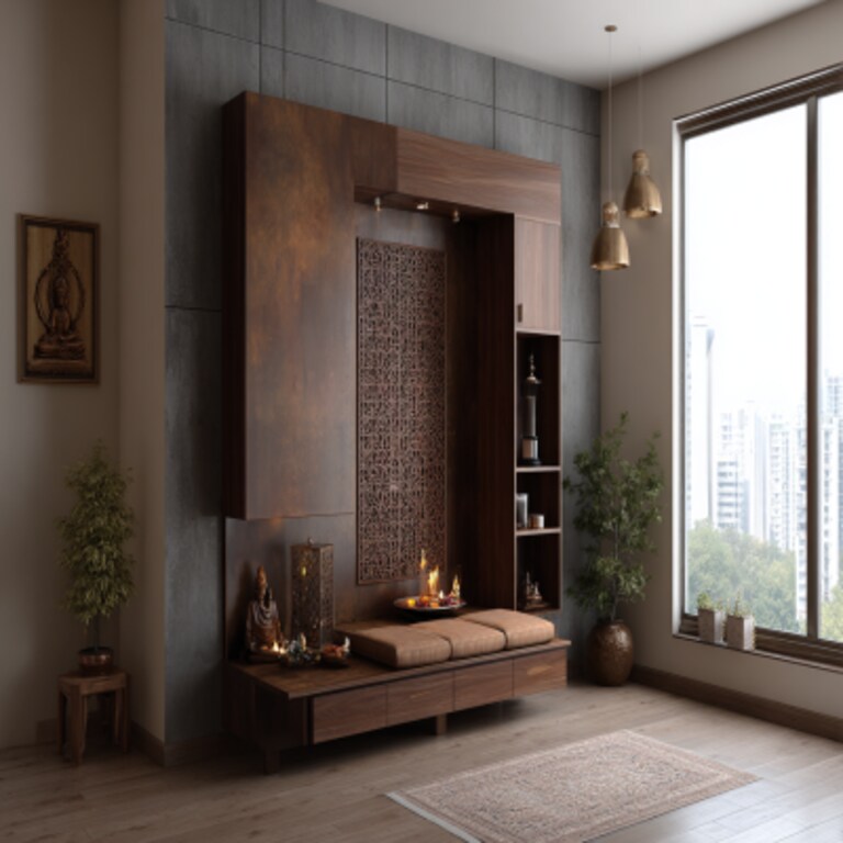 Floor-Mounted Minimal Pooja Unit Design in Walnut Bronze With Storage