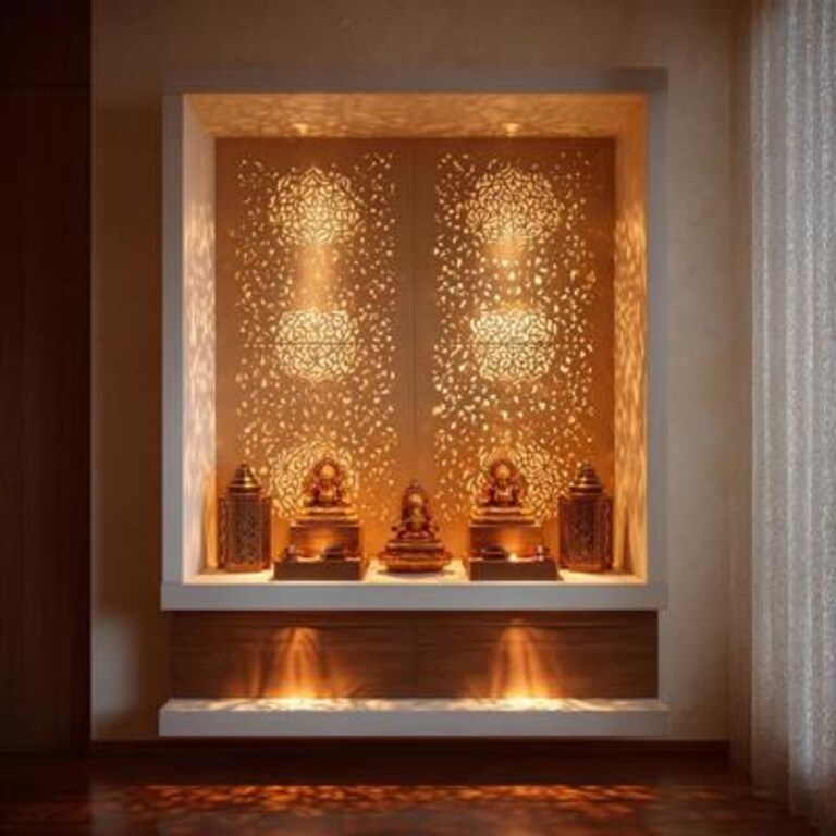 Floor Mounted Modern Pooja Design with Laser Cut Panels and Illuminated Cabinet Floor Mounted Modern Pooja Design with Laser Cut Panels and Illuminated Cabinet