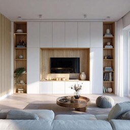 Off White Contemporary TV unit design With Marble Top and Hidden Storage