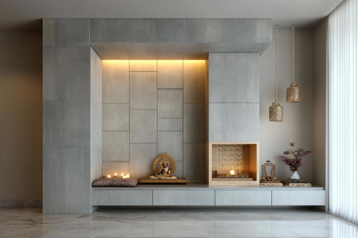FloorMounted Minimal Grey Pooja Design with BuiltIn Niche and Wall Paneling