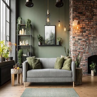 Fresh Grey and Olive Wall Colour Combination for Living Room with Exposed Brick Wall and Metal Lighting