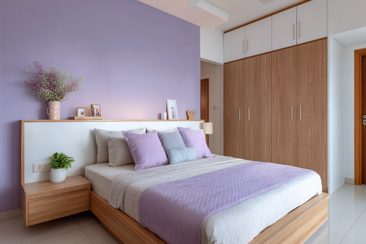 Fresh Lavender and White Wall Colour Combination for Bedroom with Floating Bedside Tables and Wooden Wardrobe