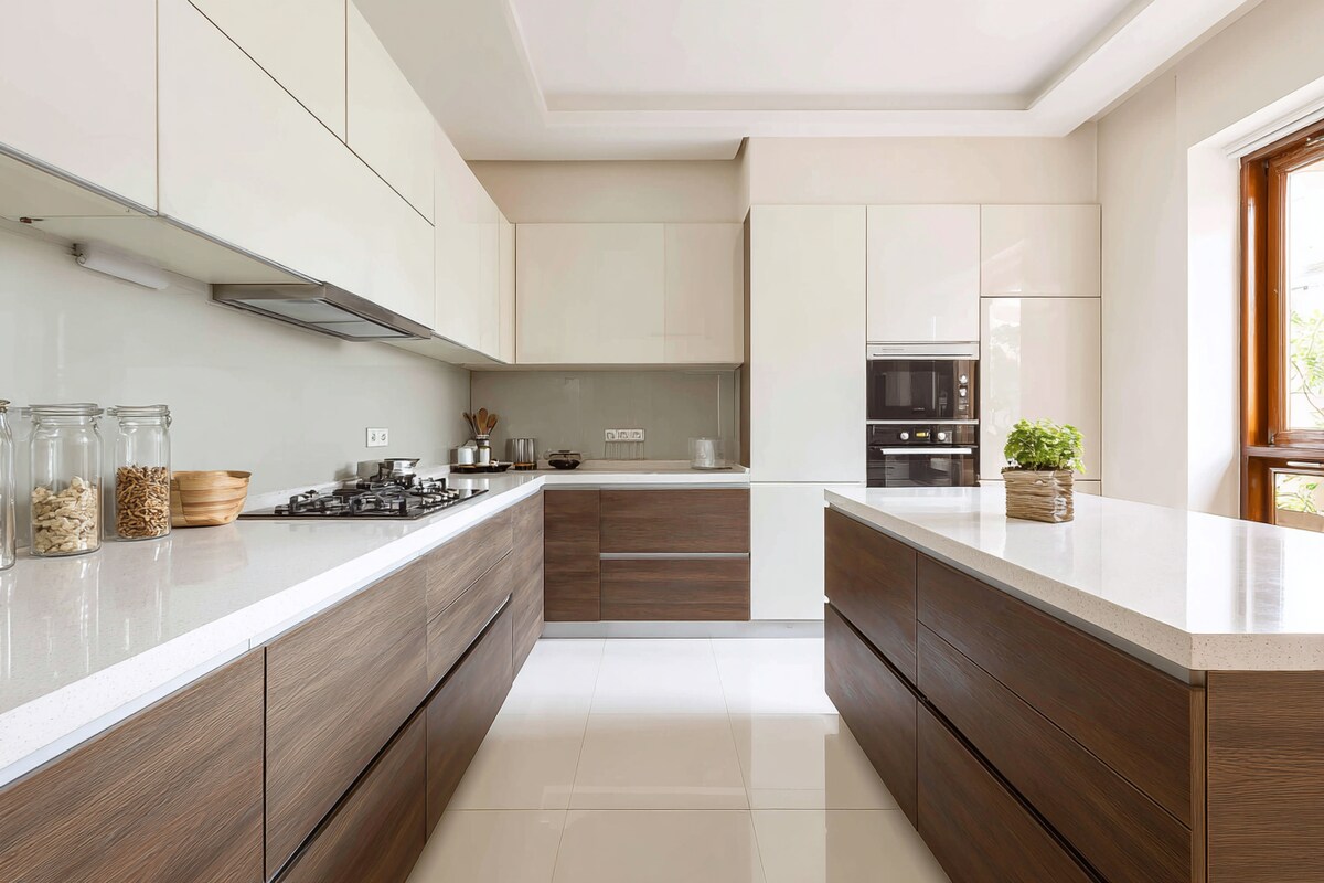 Fresh White and Brown Wall Colour Combination for Kitchen with Slim Island and Quartz Countertop Fresh White and Brown Wall Colour Combination for Kitchen with Slim Island and Quartz Countertop