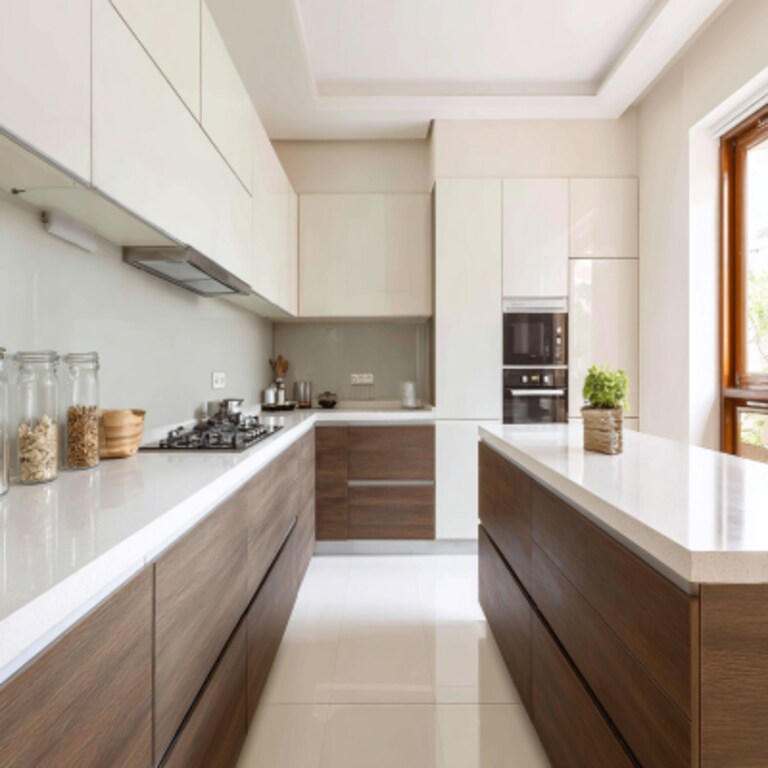 Fresh White and Brown Wall Colour Combination for Kitchen with Slim Island and Quartz Countertop Fresh White and Brown Wall Colour Combination for Kitchen with Slim Island and Quartz Countertop