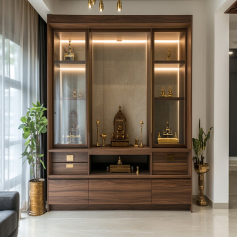 Glass-Framed Traditional Idol Pooja Room Design with Walnut Cabinet Storage