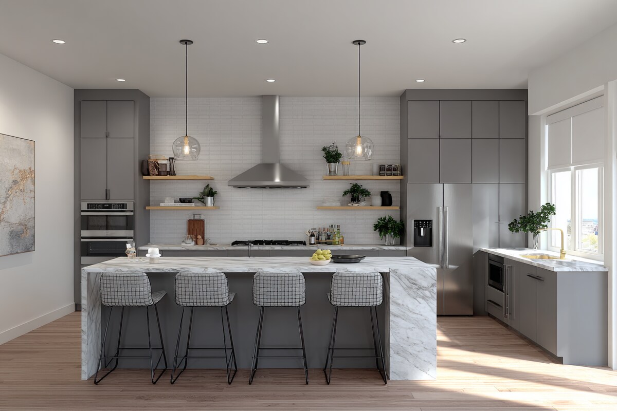 Gloss Finish Grey Contemporary Island Kitchen Design with Quartz Countertops