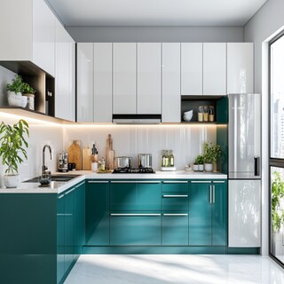 Glossy Teal and White L-Shaped Kitchen Design for Modern Homes