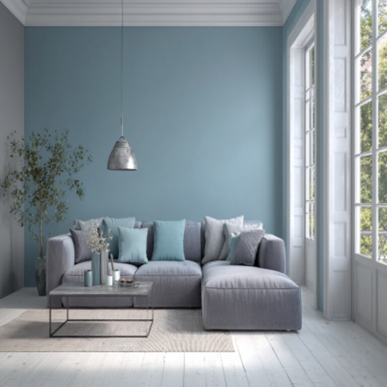 Graceful Grey and Blue Wall Colour Combination for Living Room with Metal Coffee Table and Sectional Sofa Graceful Grey and Blue Wall Colour Combination for Living Room with Metal Coffee Table and Sectional Sofa