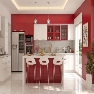 Graceful White and Red Wall Colour Combination for Kitchen with Breakfast Counter and Sleek Drawers
