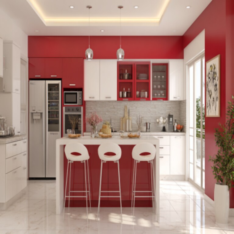 Graceful White and Red Wall Colour Combination for Kitchen with Breakfast Counter and Sleek Drawers