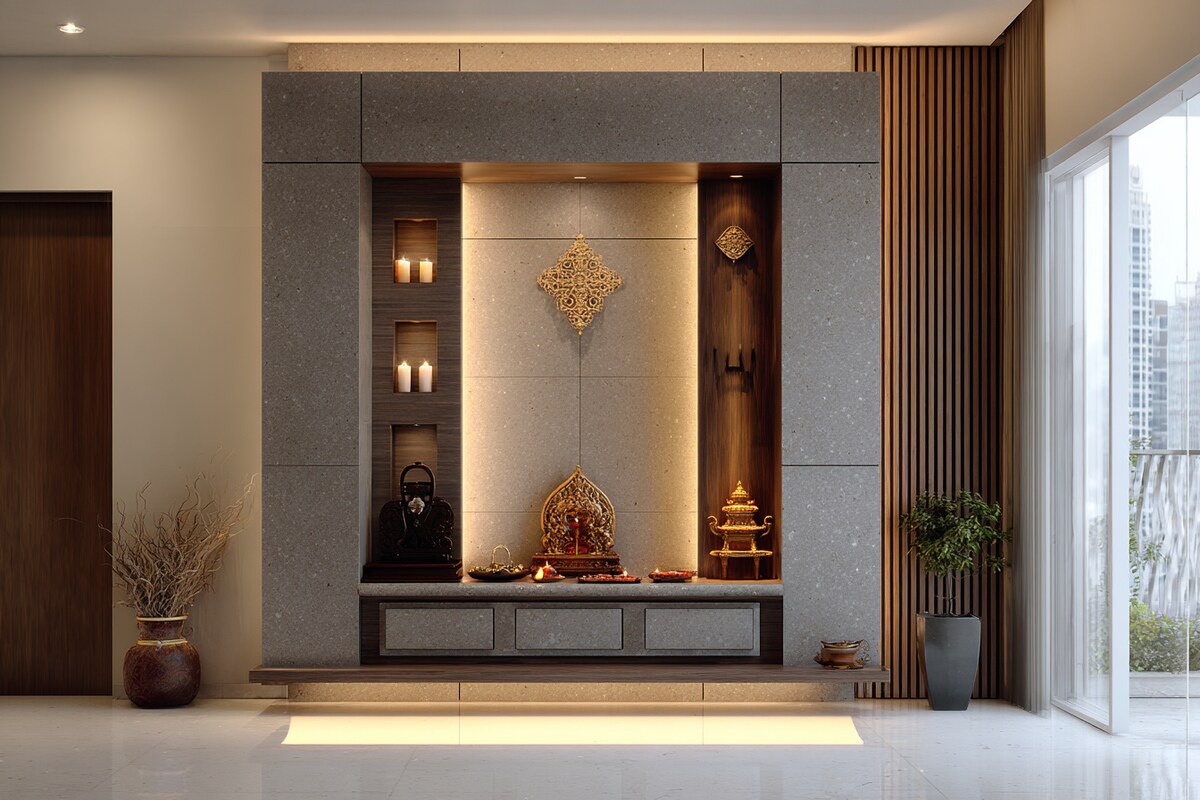 Granite Minimal Pooja Unit Design With Hidden Storage and Candle Accents Granite Minimal Pooja Unit Design With Hidden Storage and Candle Accents