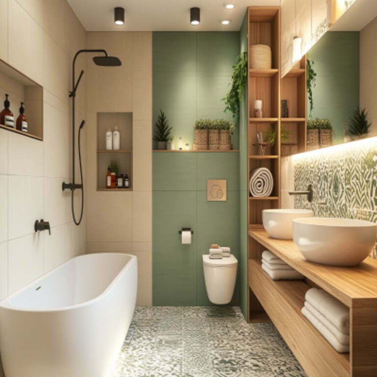 Green Beige and White Modern Bathroom Design with Patterned Tiles