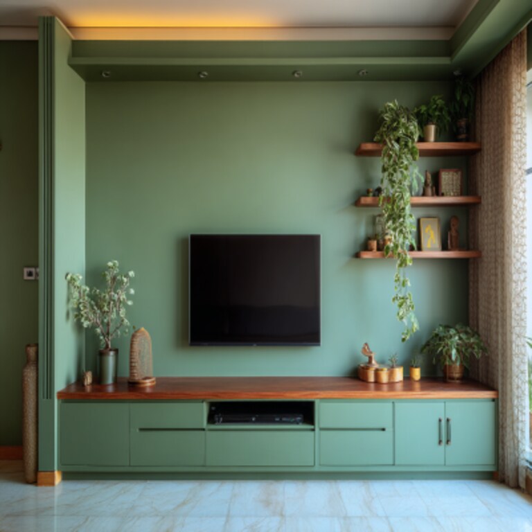 Green Contemporary TV Unit Design With Matte Finish and Wall Integration Green Contemporary TV Unit Design With Matte Finish and Wall Integration