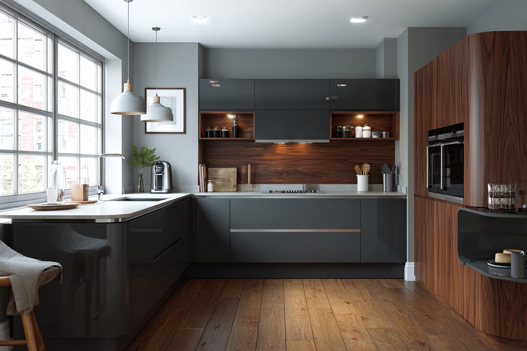 Grey and Walnut Contemporary L Shape Kitchen Design with Extensive ...