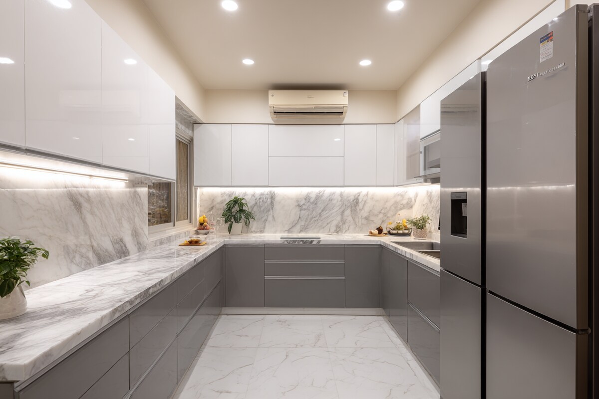 Grey and White U-Shaped Modern Kitchen Design Featuring Marble Countertop and Cabinets Grey and White U-Shaped Modern Kitchen Design Featuring Marble Countertop and Cabinets