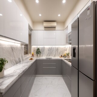 Grey and White U-Shaped Modern Kitchen Design Featuring Marble Countertop and Cabinets