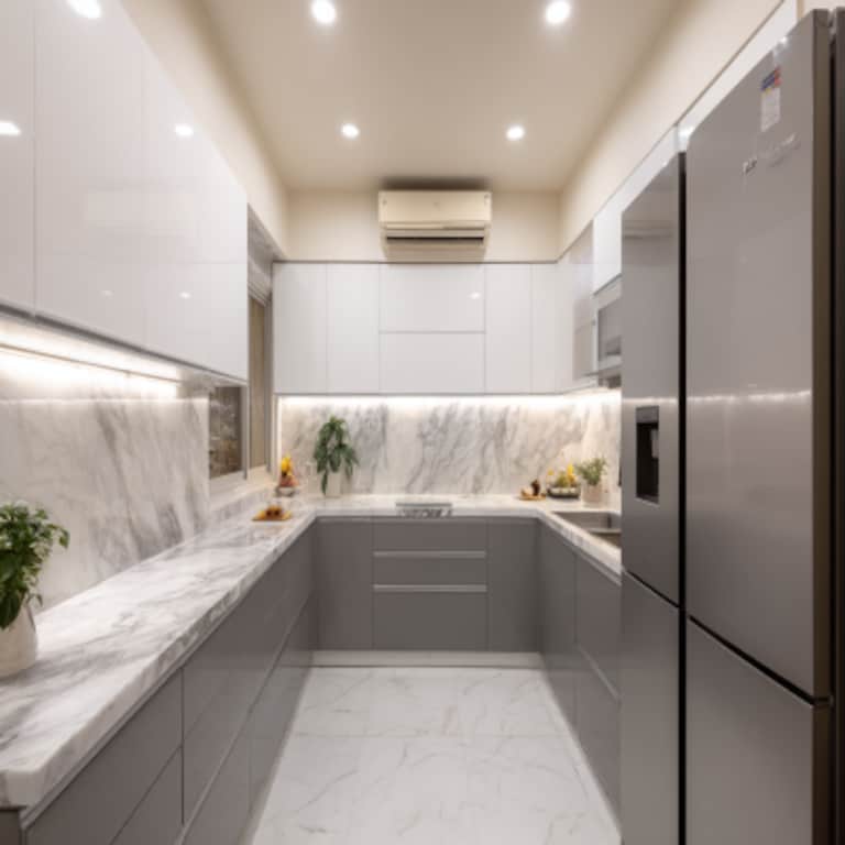 Grey and White U-Shaped Modern Kitchen Design Featuring Marble Countertop and Cabinets
