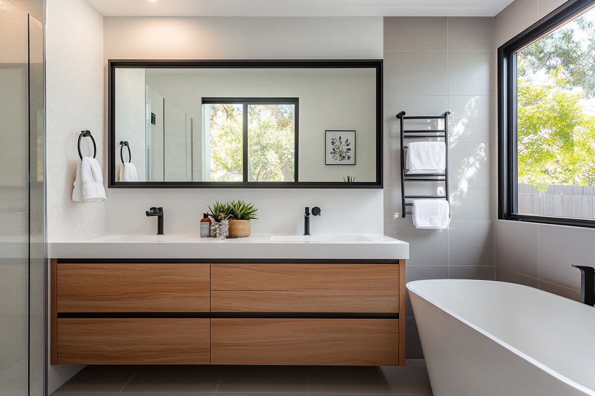 Grey and Wood Modern Bathroom Design with Black-Framed Mirror Grey and Wood Modern Bathroom Design with Black-Framed Mirror