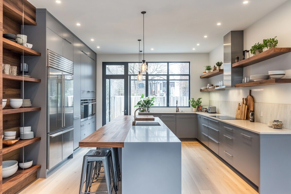 Grey Open Modern Kitchen Design With Glass Cabinets and Wooden Shelf