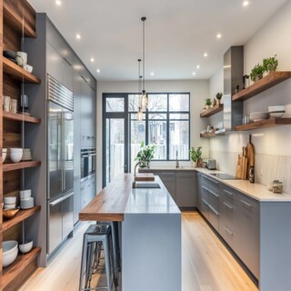 Grey Open Modern Kitchen Design With Glass Cabinets and Wooden Shelf