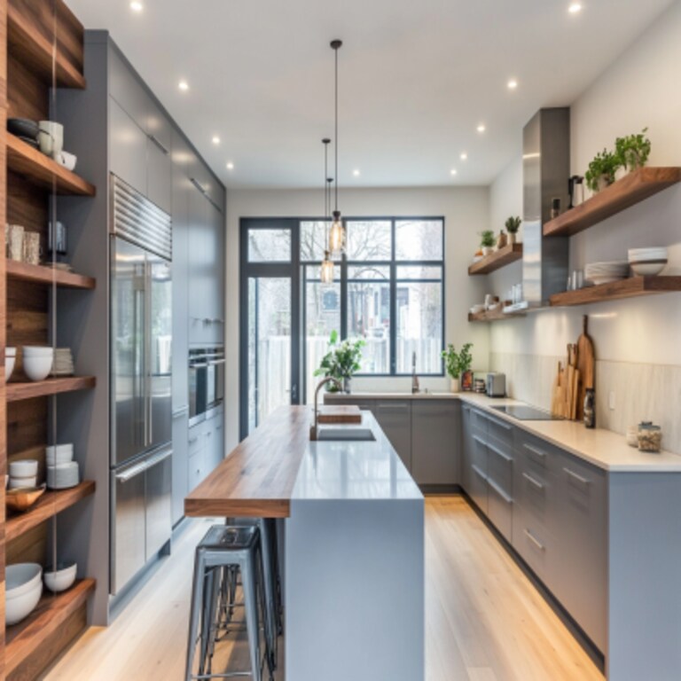 Grey Open Modern Kitchen Design With Glass Cabinets and Wooden Shelf