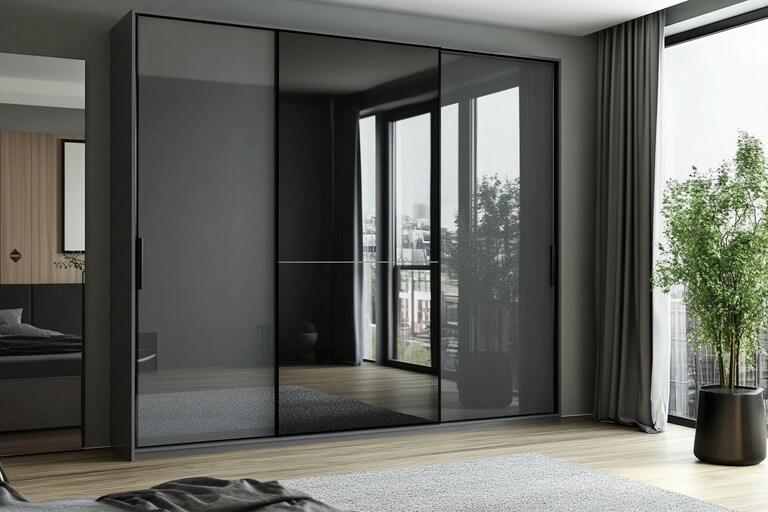 Grey Sliding Wardrobe Design with Glossy Laminate Finish