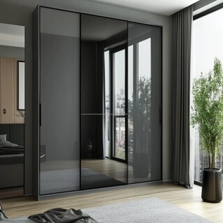 Grey Sliding Wardrobe Design with Glossy Laminate Finish