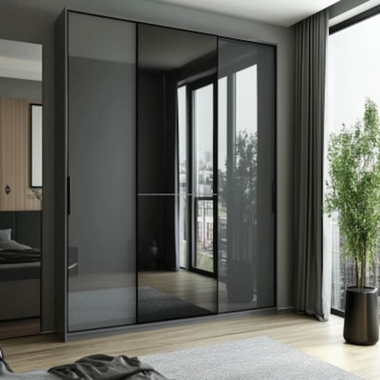 Grey Sliding Wardrobe Design with Glossy Laminate Finish