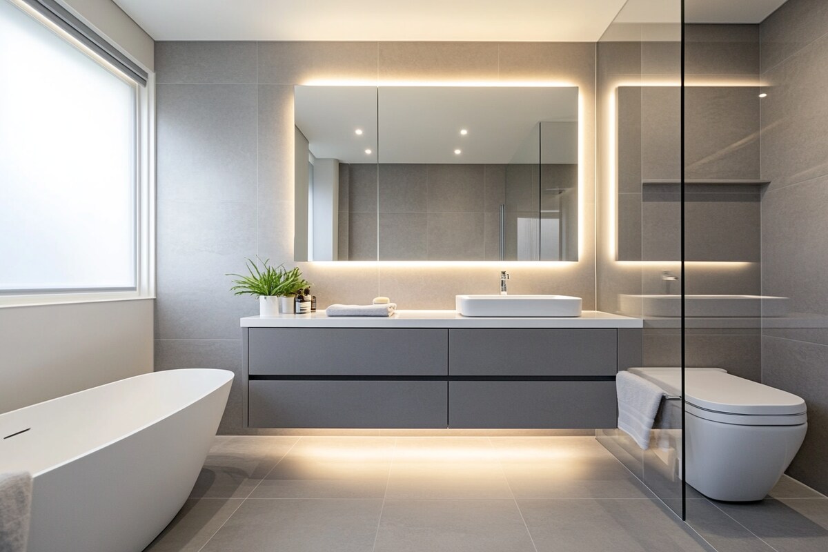 Grey-White Modern Bathroom Design with Floating Vanity and Backlit Mirror Grey-White Modern Bathroom Design with Floating Vanity and Backlit Mirror
