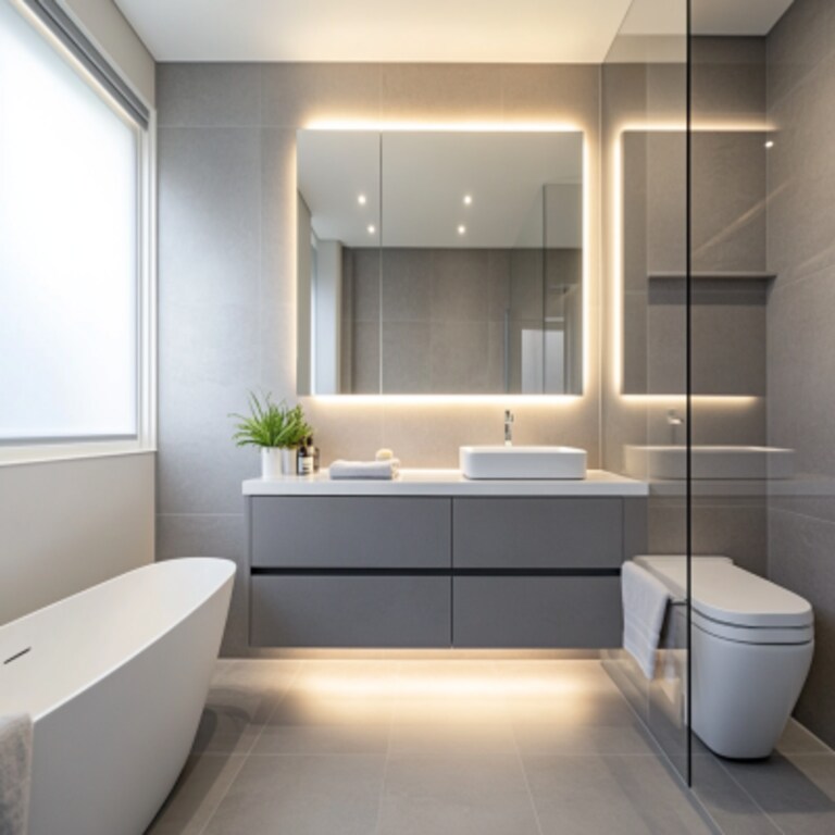 Grey-White Modern Bathroom Design with Floating Vanity and Backlit Mirror