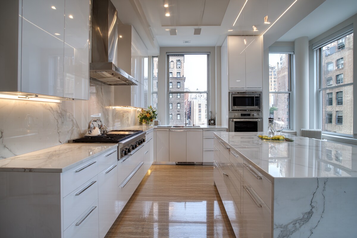 High-Gloss Contemporary L-Shaped Kitchen Design With Quartz Top High-Gloss Contemporary L-Shaped Kitchen Design With Quartz Top