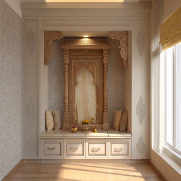 Indian Traditional Mandir Design With Beige Wallpaper