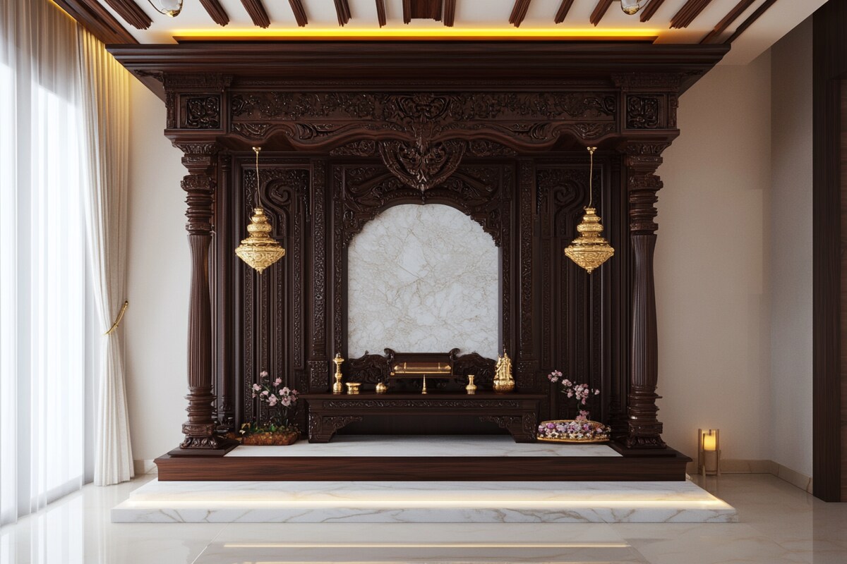 Indian Traditional Marble Pooja Room Design with Wooden Canopy Indian Traditional Marble Pooja Room Design with Wooden Canopy