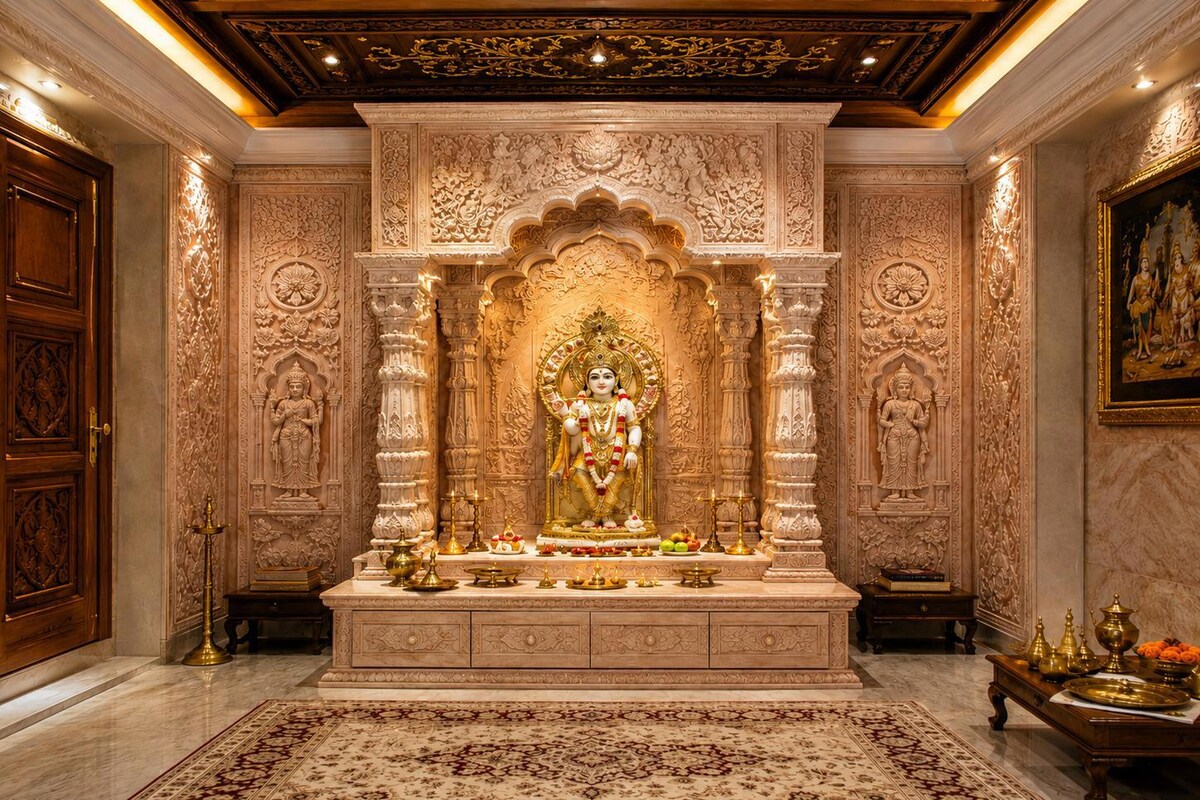 Indian Traditional Pooja Design with Blush Pink CNC Carved Marble Walls Indian Traditional Pooja Design with Blush Pink CNC Carved Marble Walls