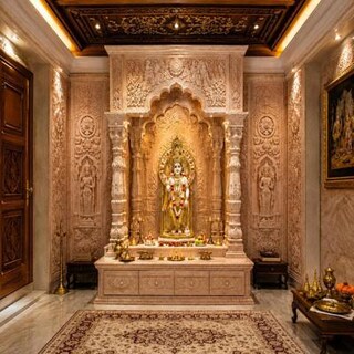 Indian Traditional Pooja Design with Blush Pink CNC Carved Marble Walls