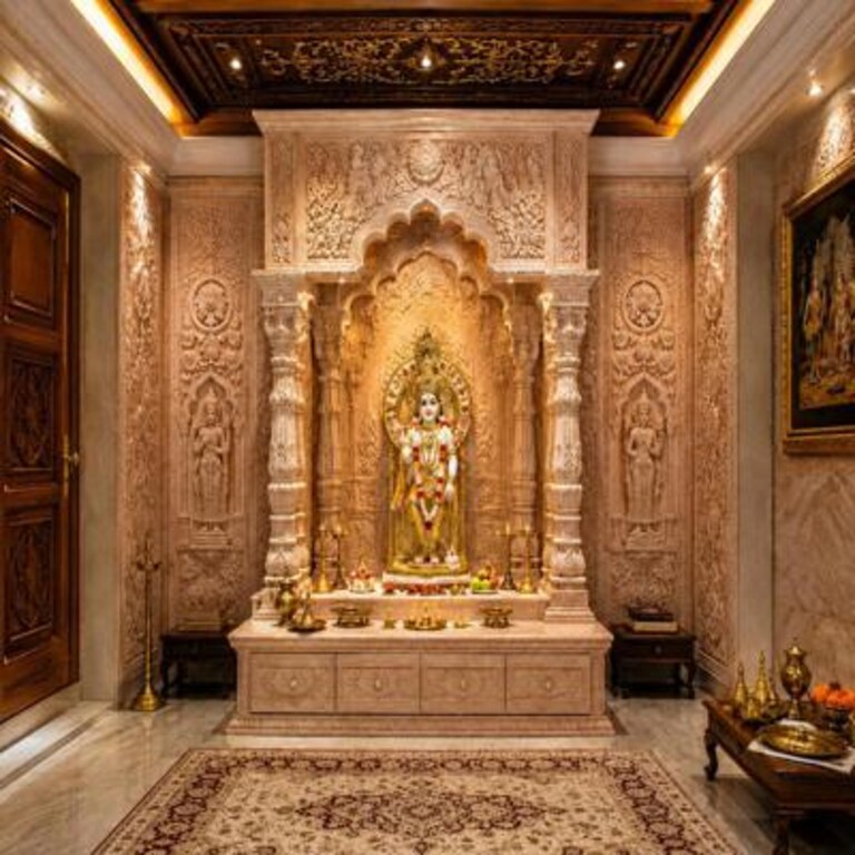 Indian Traditional Pooja Design with Blush Pink CNC Carved Marble Walls