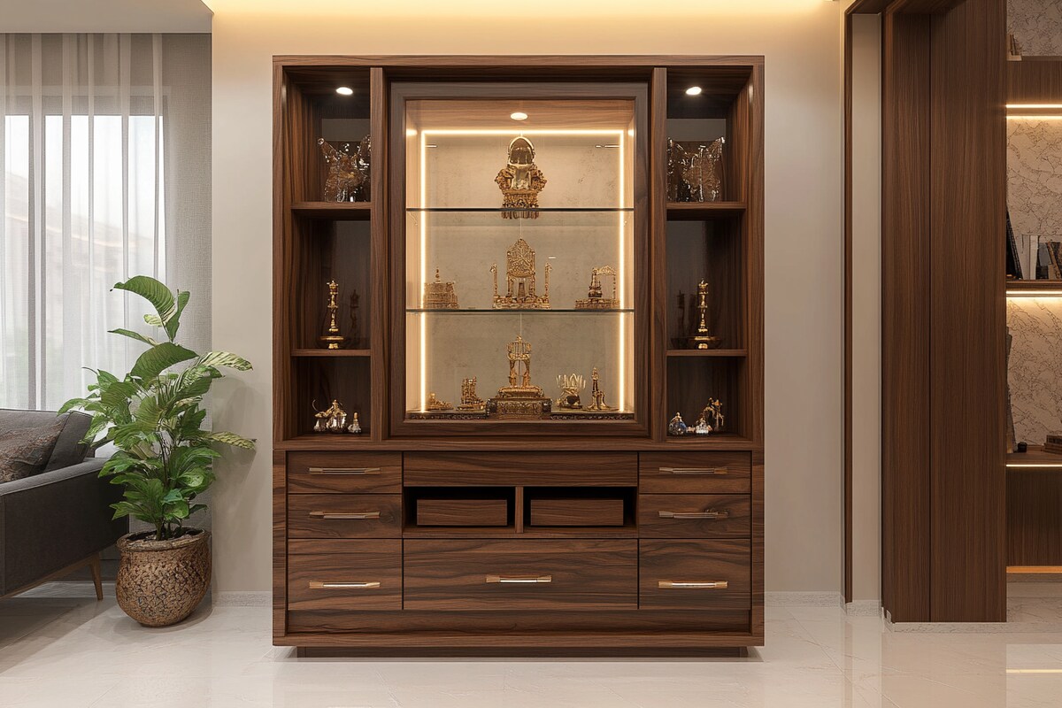 Indian Traditional Pooja Room Design with Glass-Framed Idol and Drawers Indian Traditional Pooja Room Design with Glass-Framed Idol and Drawers