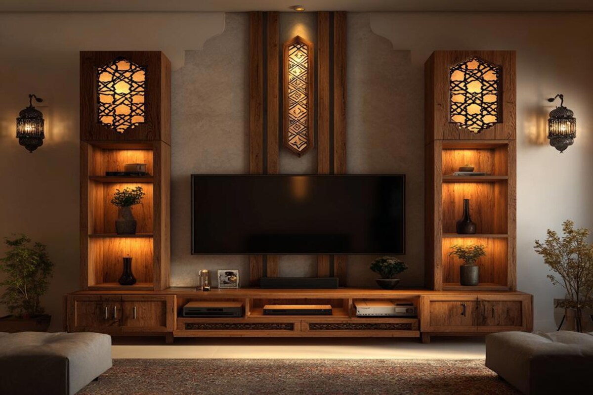 Indian Traditional TV Unit Design With Tower Cabinets And Geometric Lighting