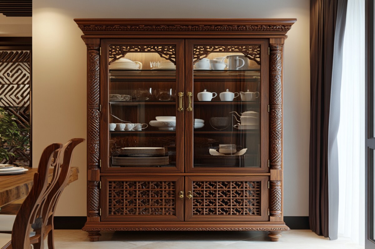 Indian Traditional Wooden Crockery Unit Design with Glass Doors