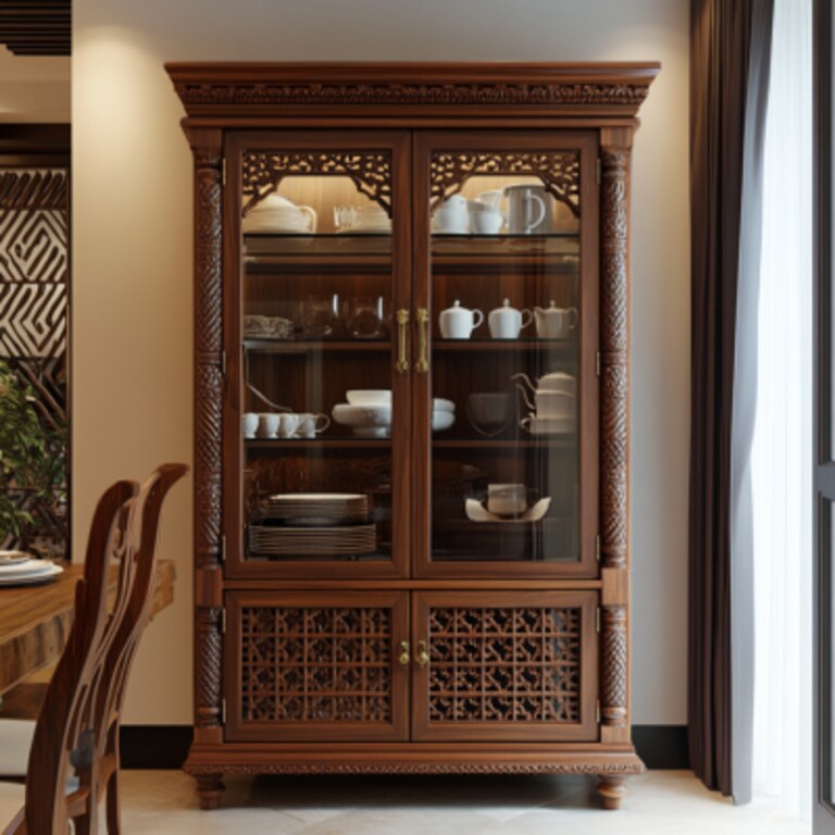 Indian Traditional Wooden Crockery Unit Design with Glass Doors Indian Traditional Wooden Crockery Unit Design with Glass Doors