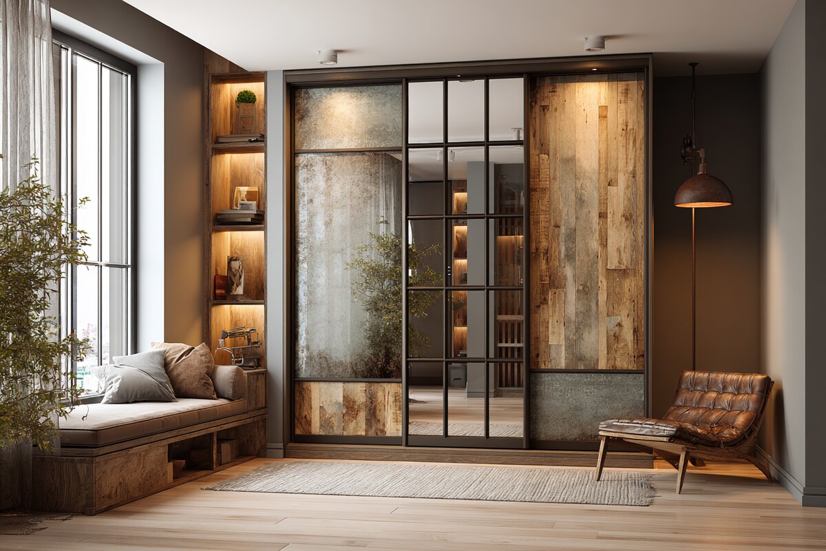 Industrial 3-Door Sliding Wardrobe Design with Mirror Industrial 3-Door Sliding Wardrobe Design with Mirror
