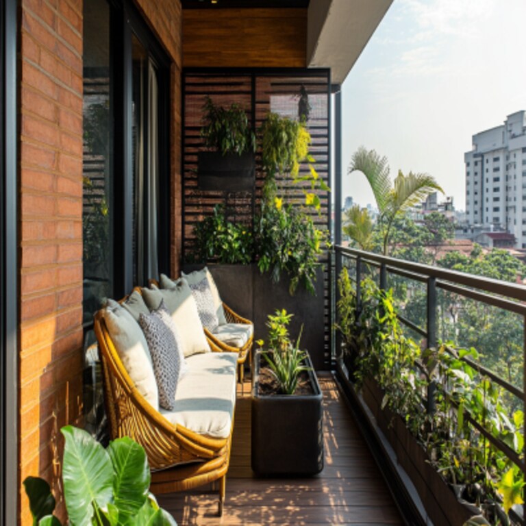 Industrial Balcony Design with Dark Metal Planters and Rattan Seating
