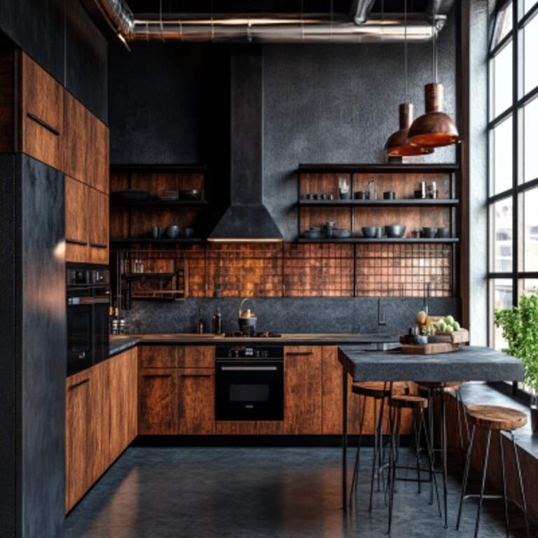 Industrial L-Shaped Kitchen Design with Black Bane and Carruba Wood Finish