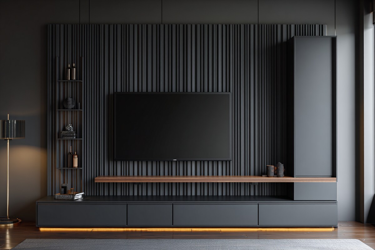 Industrial Matte Black TV Unit Design with Vertical Slats and Concealed Cabinets