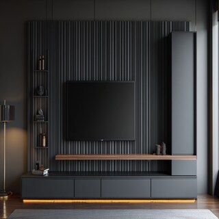 Industrial Matte Black TV Unit Design with Vertical Slats and Concealed Cabinets
