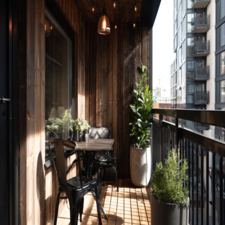 Industrial-Style Balcony Design with Wooden Wall Panels