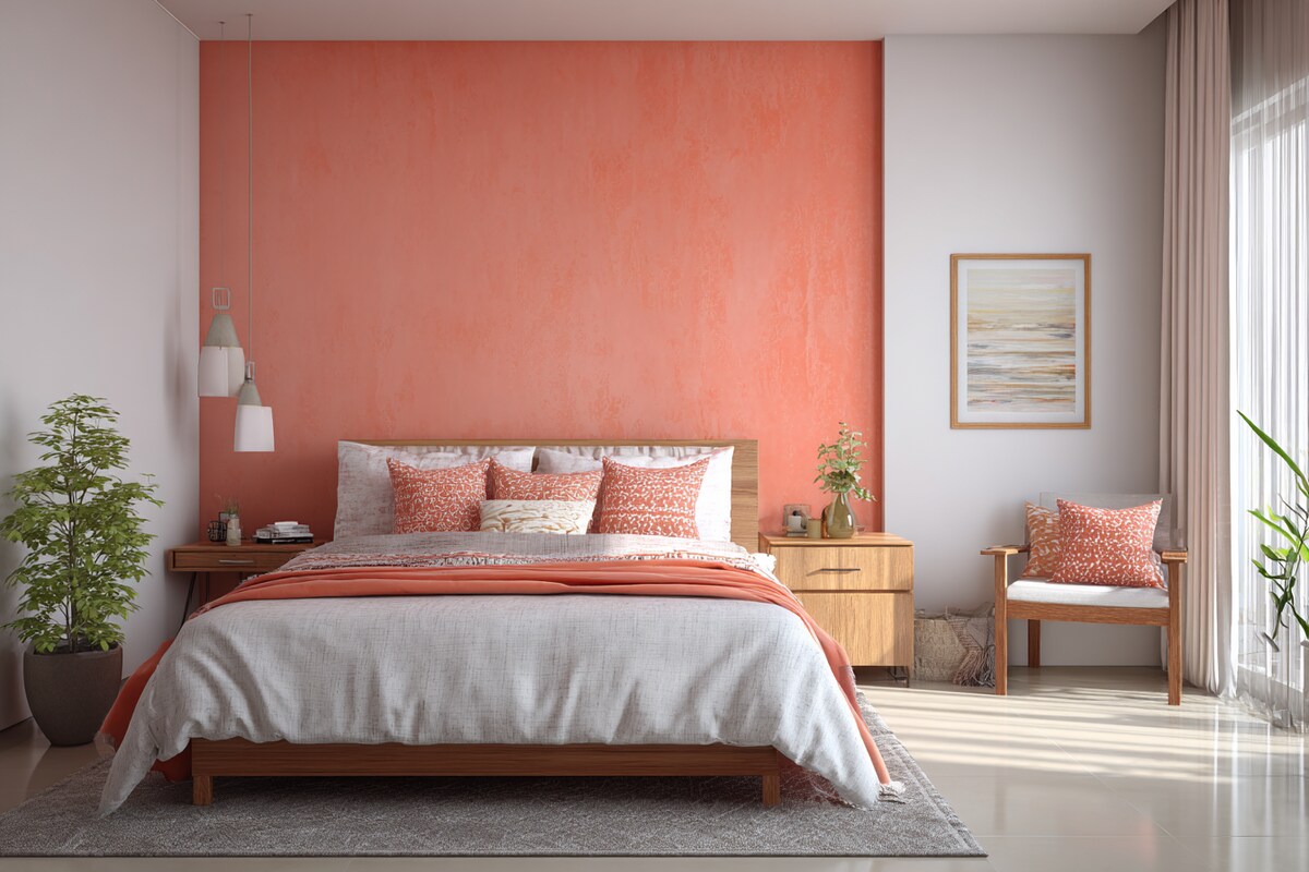Inviting White and Coral Wall Colour Combination for Bedroom with Cushioned Bed and Wooden Side Table Inviting White and Coral Wall Colour Combination for Bedroom with Cushioned Bed and Wooden Side Table