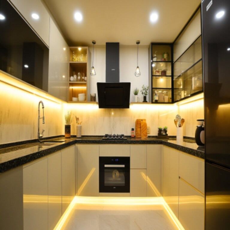 Irish Cream Contemporary U-Shaped Kitchen Design With Granite Countertops