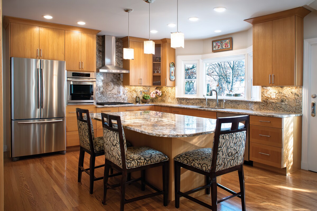 L-Shaped Contemporary Kitchen Design With Full-Height Cabinets and Granite Countertop L-Shaped Contemporary Kitchen Design With Full-Height Cabinets and Granite Countertop